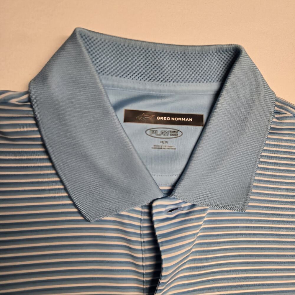 Greg Norman Shirt Mens Striped Short Sleeve Polo Shark Logo Golf Blue Medium - Picture 3 of 4